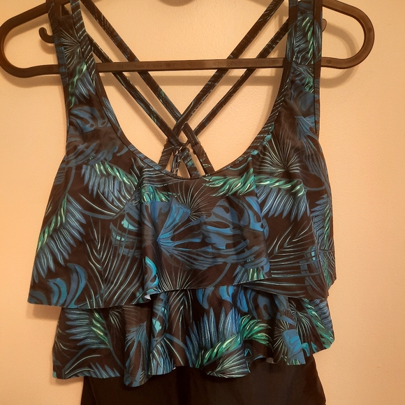 NWT Ocean Blues Blue Palm Leaves Print One Piece Swimsuit - Picture 4 of 14